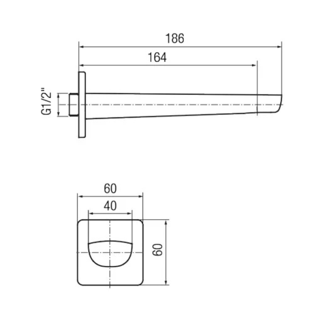 Technical dimensions for Valvex Kvadro wall-mounted bathtub spout, Sardar & Co Pakistan