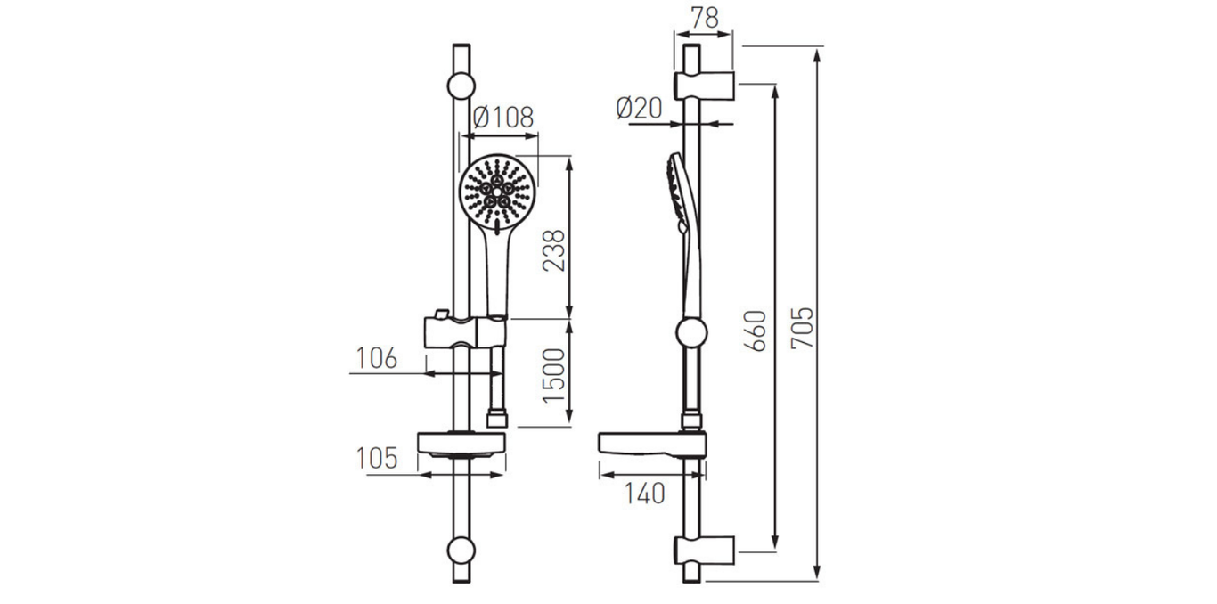 Technical dimensions for Valvex Retto shower set with soap dish, Sardar & Co Pakistan