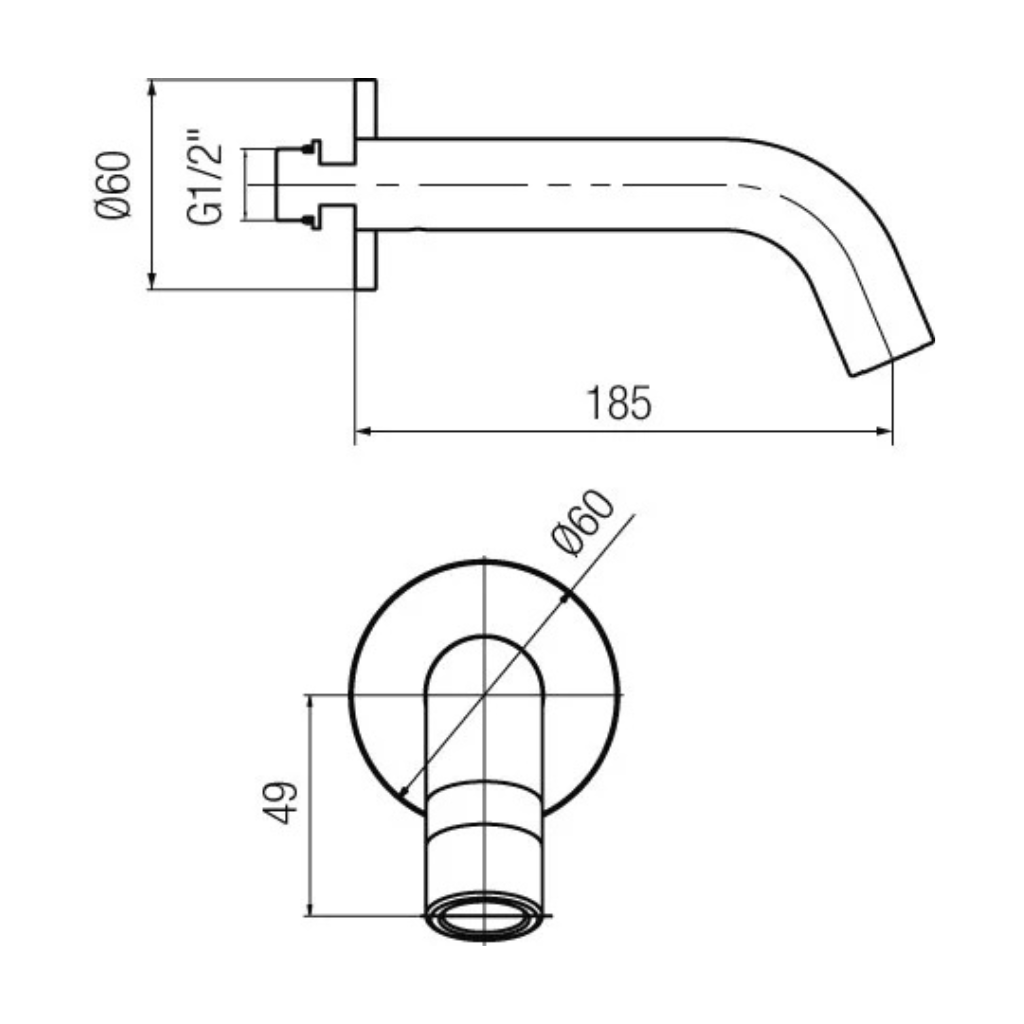 Technical dimensions for Valvex Round wall-mounted bathtub spout, Sardar & Co Pakistan