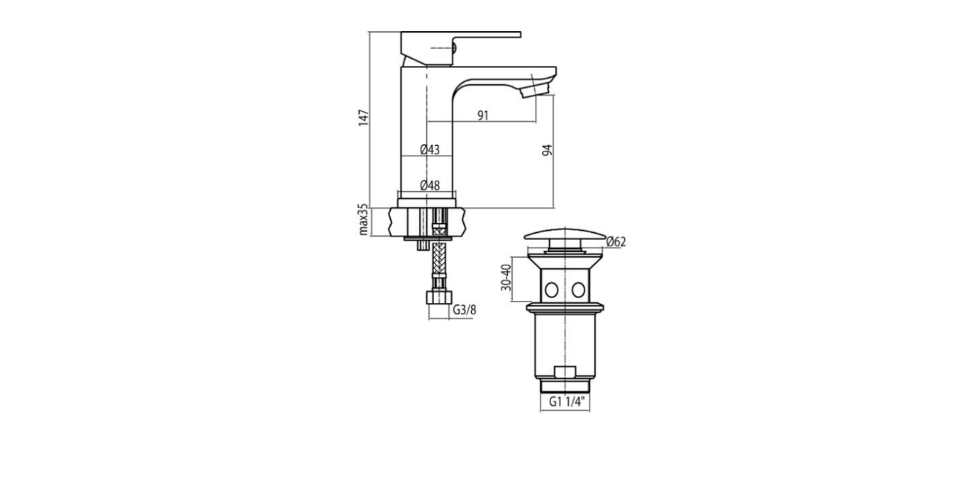 Technical dimensions for Valvex Tube basin mixer, Sardar & Co Pakistan