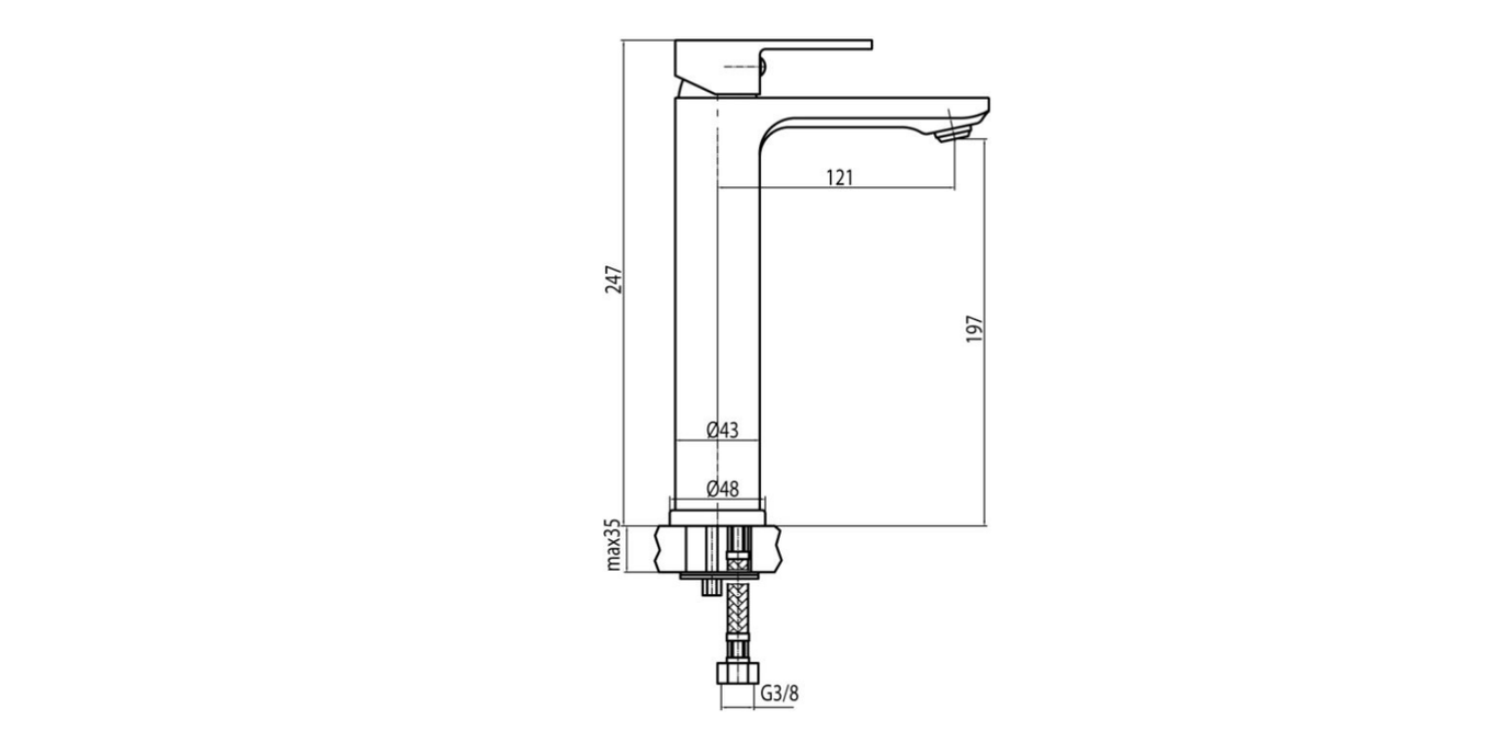 Technical dimensions for Valvex Tube tall basin mixer, Sardar & Co Pakistan