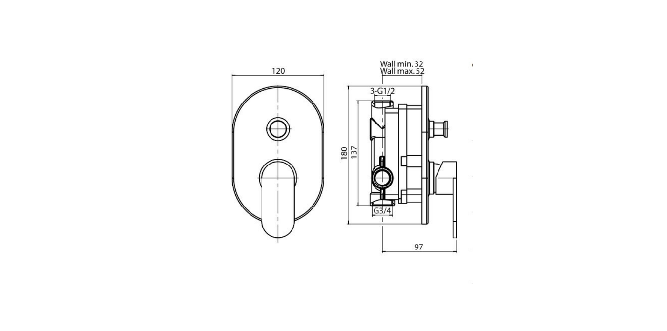 Technical dimensions for Valvex Tube three-way shower mixer, Sardar & Co Pakistan