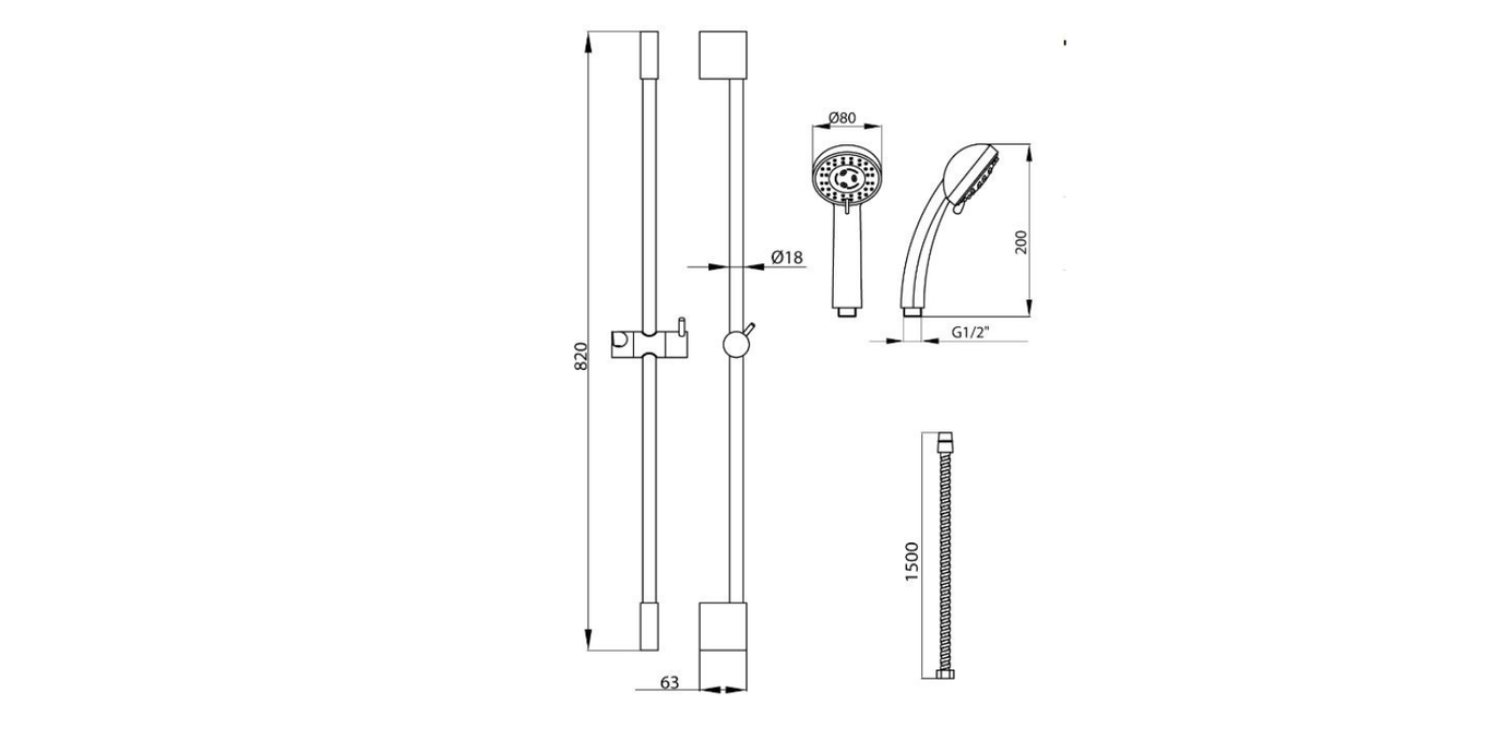 Technical dimensions for Valvex Uran 3-function shower set with soap dish, Sardar & Co Pakistan