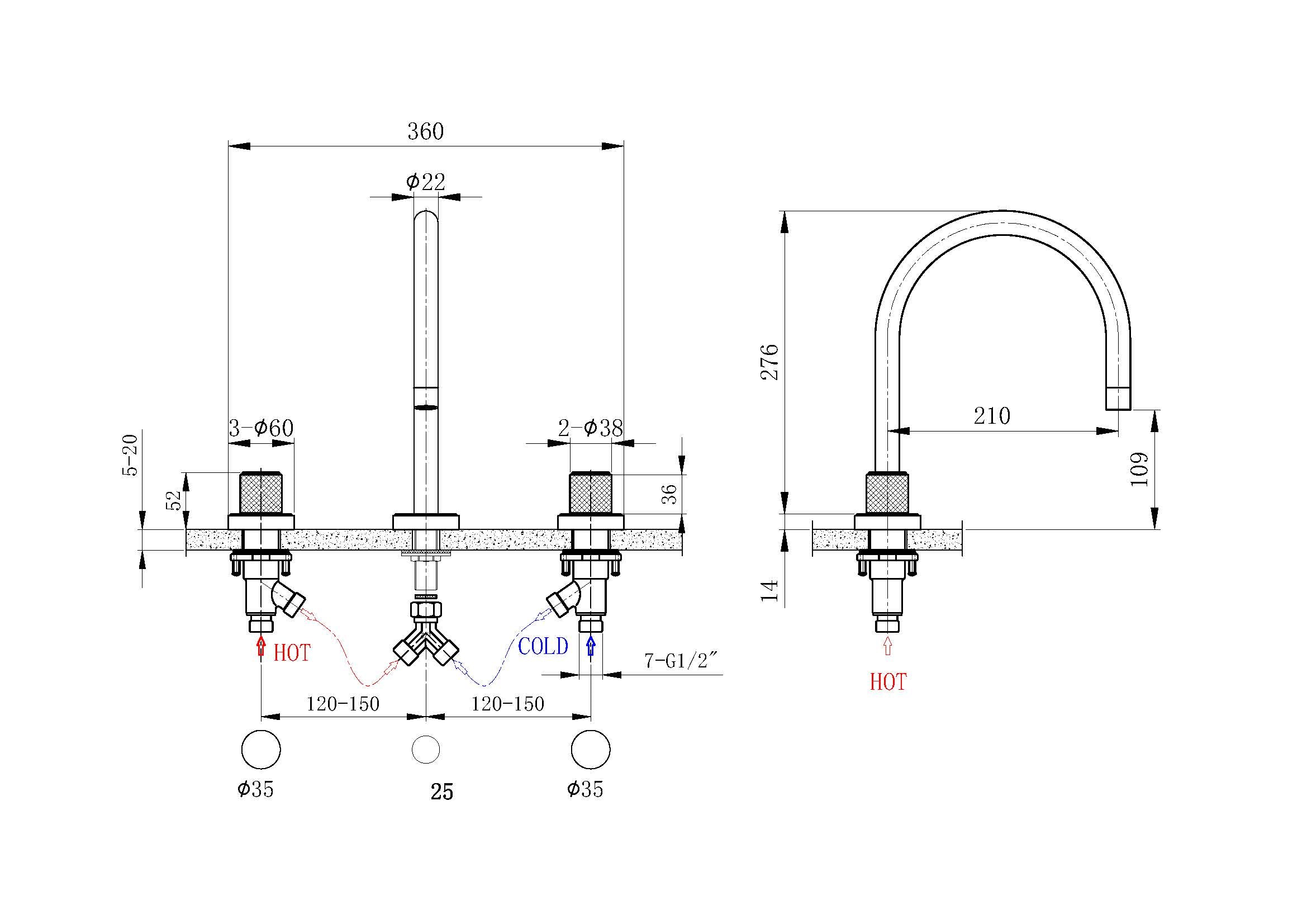 Technical drawing and dimensions of 3 Hole Basin Faucet Pakistan OMSA FL8510 — Sardar & Co Rawalpindi