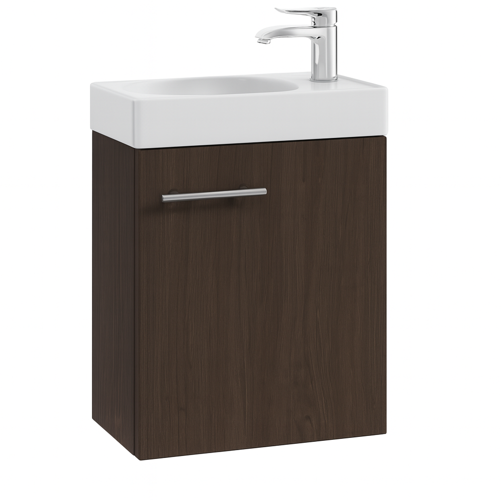 Bathroom vanity cabinet unit with white basin and faucet on a white background