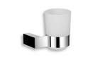 A wall-mounted metal tumbler holder with a white ceramic cup and a chrome finish