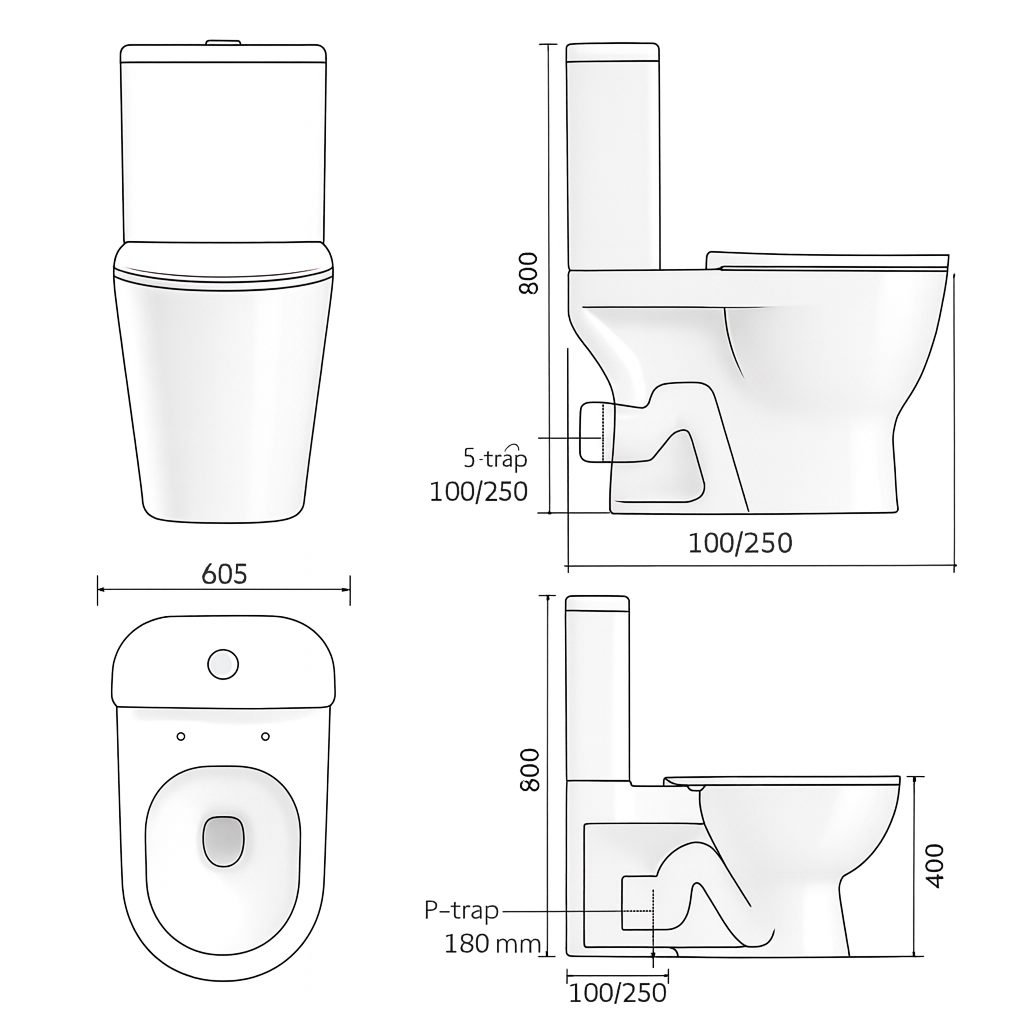 Technical drawing of a toilet with dimensions labeled
