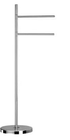 A silver free standing towel bar with a round base and two vertical rods for hanging towels.