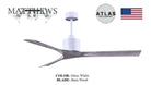 Modern gloss white ceiling fan with two barn wood blades and minimalist design.