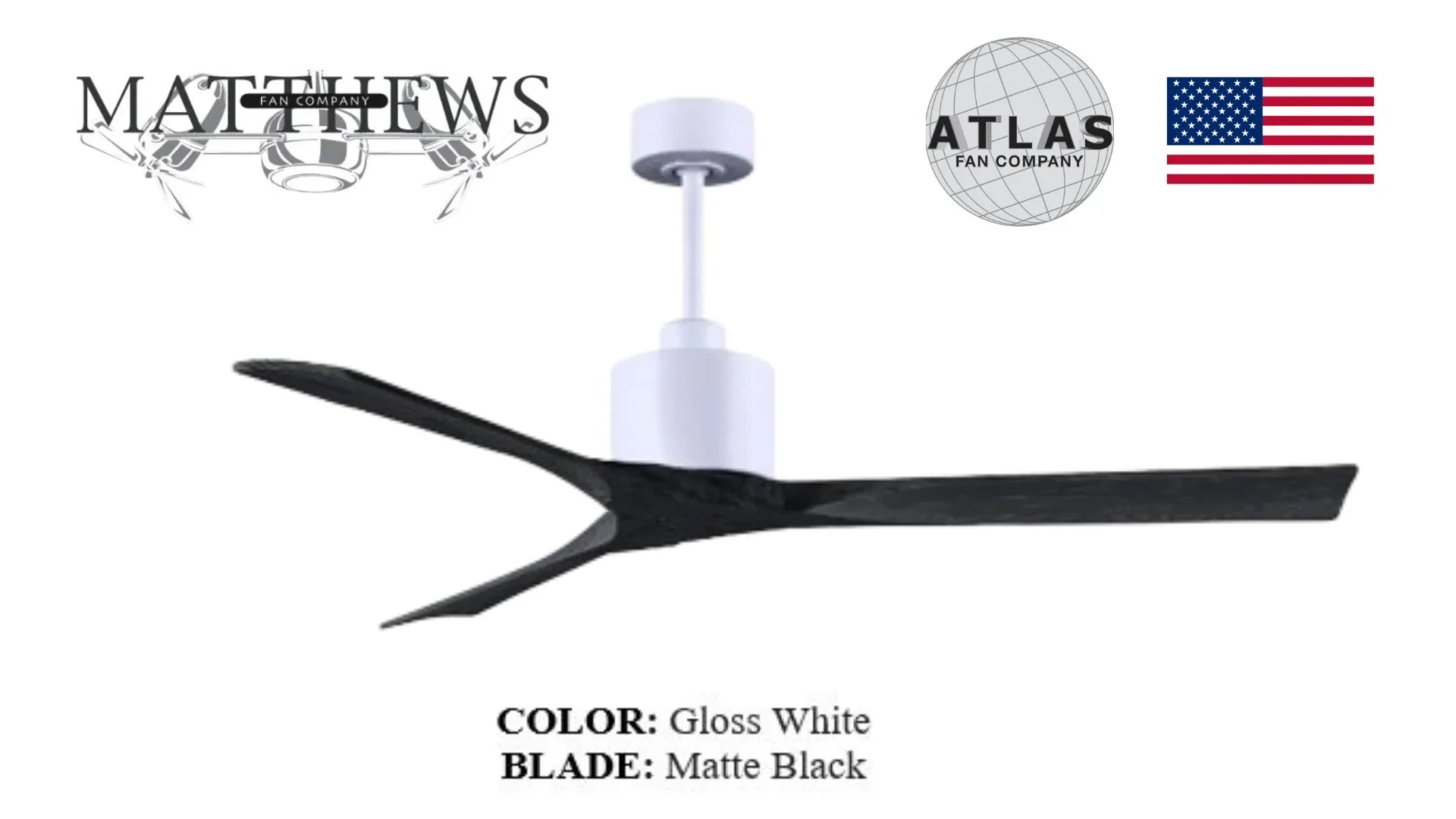 Modern ceiling fan with gloss white body and matte black blades on white background