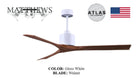 Modern ceiling fan with gloss white motor and walnut wood blades, contemporary design
