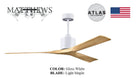 Modern gloss white ceiling fan with light maple wooden blades, minimalist design