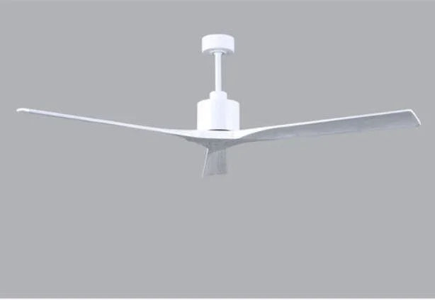 Modern white ceiling fan with sleek, minimalist design against grey background