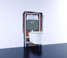 In-wall toilet system with cistern and flush mechanism, predominantly white with gray and brown accents.