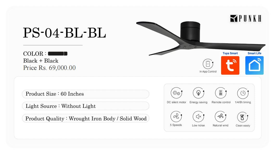 AC/DC Ceiling fan with specifications and features on a white background