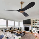 Punkh PS-01-BL-WL black and walnut ceiling fan in a modern living room with remote control.