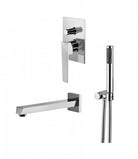 A set of bathroom fixtures including a shower mixer with spout and hand shower, and a bathtub with a shower hose.