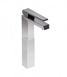 A tall, sleek, silver basin mixer with a squared design and a central drain.