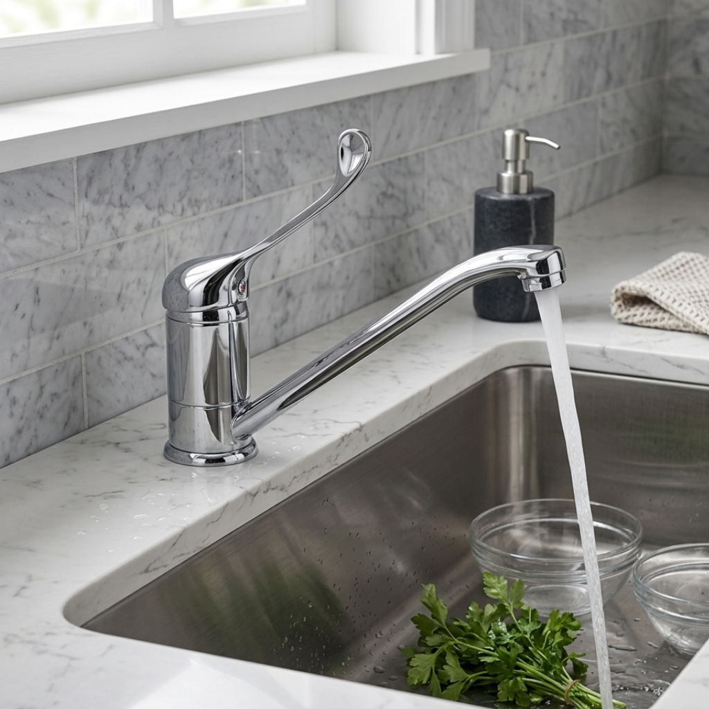 Valvex elbow-operated washbasin tap installed on basin — hospital and institutional grade fitting, Sardar & Co Rawalpindi