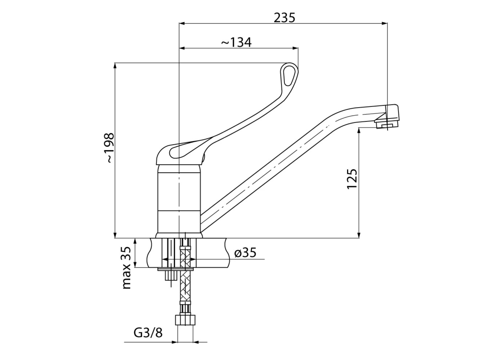 Technical drawing of a faucet with dimensions labeled