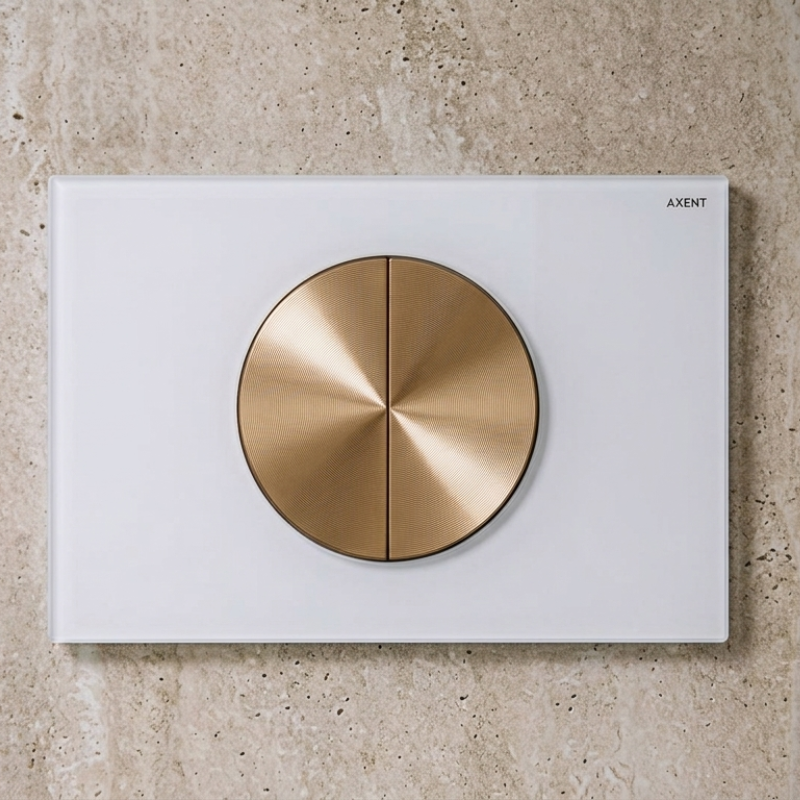 Axent META gold flush button installed on concealed toilet wall Pakistan — Sardar & Co
