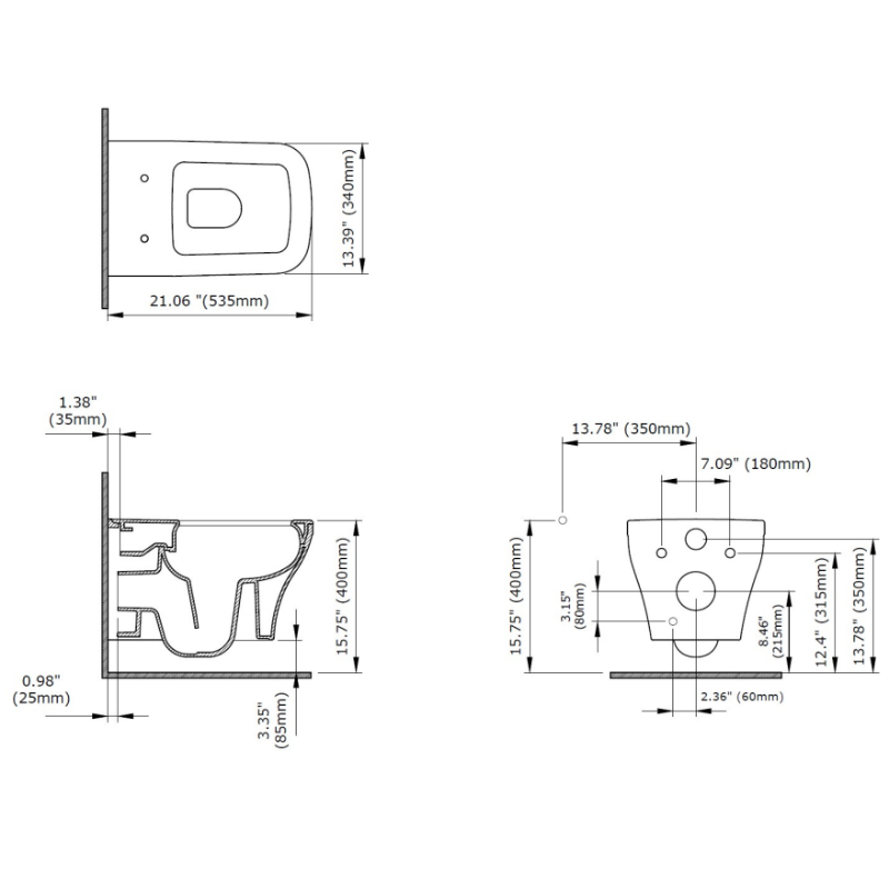 Bocchi Firenze wall hung toilet dimensions 360x535x360mm — rimless vitreous china Pakistan, Sardar & Co