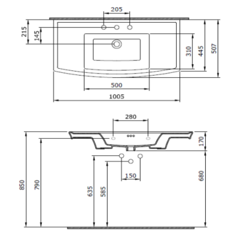 Technical dimension drawing of a console washbasin, showing front and side profile measurements with numeric labels on a white background.