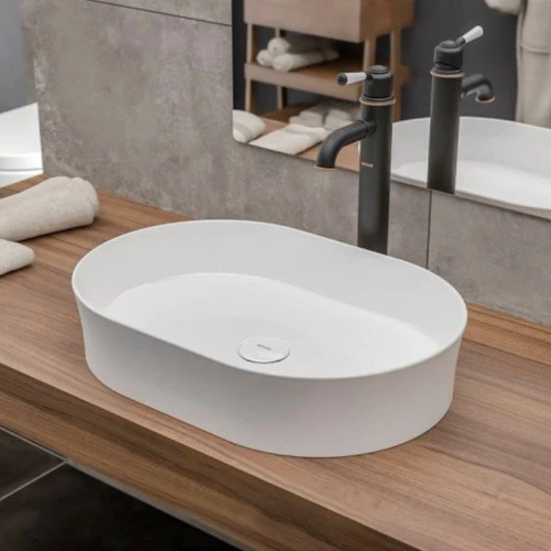 Bocchi Sottile slim countertop basin installed on premium vanity Pakistan — 4 finishes, Sardar & Co Rawalpindi