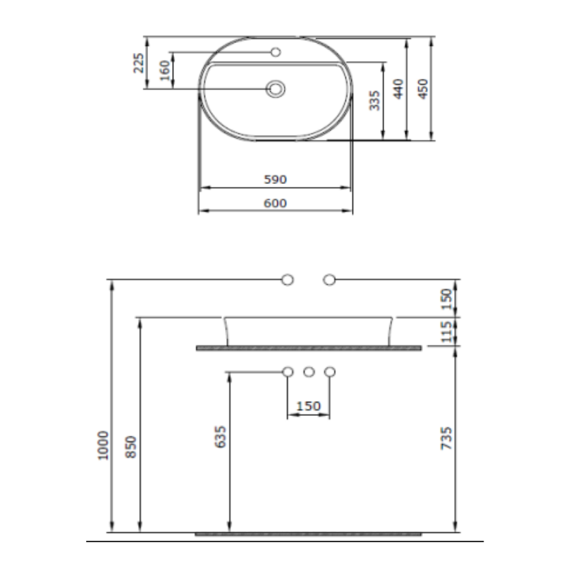Bocchi Sottile single hole basin technical dimensions 600x450x115mm — slim countertop Pakistan, Sardar & Co