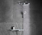 OMSA HB7655X exposed shower system installed on a bathroom wall with rain head and handheld shower