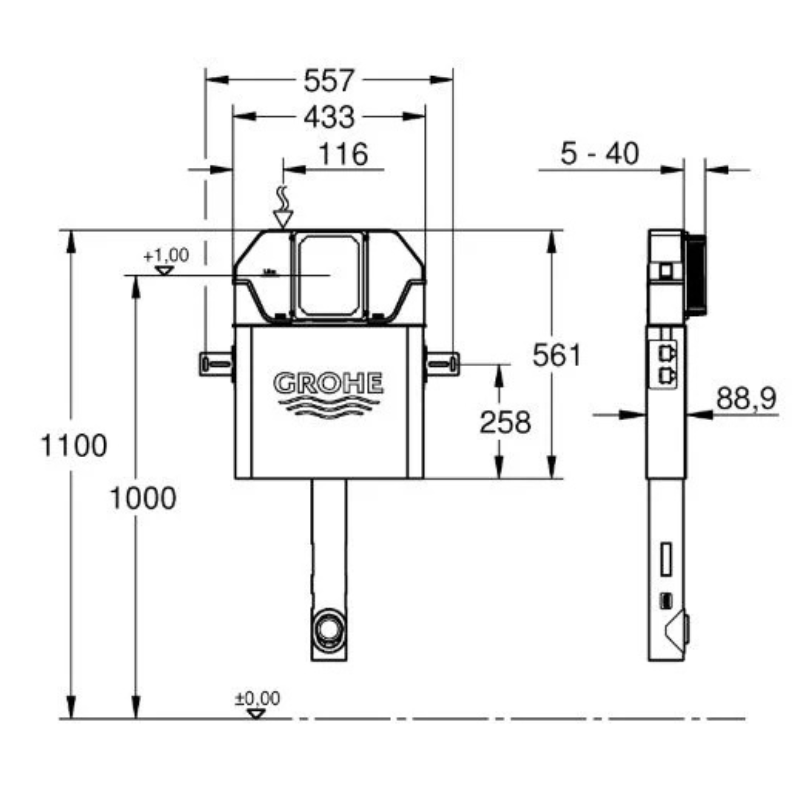 Technical dimension drawing of a GROHE shower valve trim set against a white background, showing front, side, and profile measurements with labels and arrows.