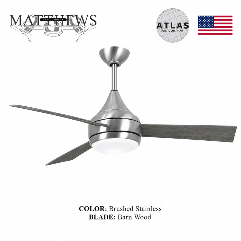 Mattews Donaire coastal ceiling fan Brushed Stainless with Burn Wood — coastal wet location fan Pakistan, Sardar & Co