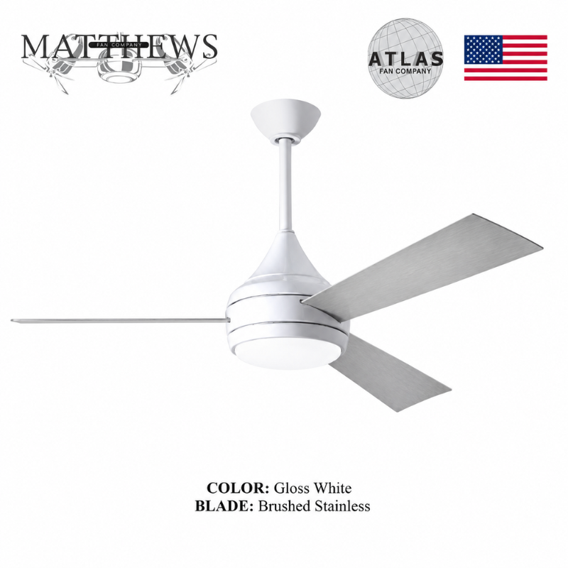 Mattews Donaire coastal ceiling fan Gloss White with Brushed stainless blades — 316 marine-grade, all-weather wooden blades, Pakistan