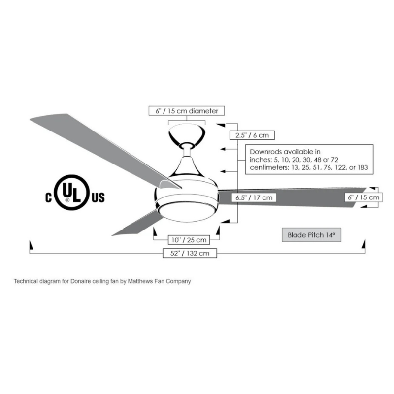 Technical dimension diagram of a Donrae ceiling fan by Matthews Fan Company, showing blade pitch, downrod length, blade diameter, and overall measurements with a ULus certification mark.