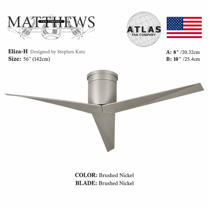 Mattews Eliza-H brushed nickel ceiling fan all-nickel — architect-designed DC ceiling fan Pakistan