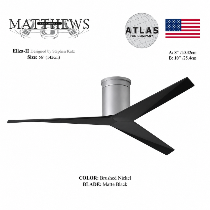 Mattews Eliza-H brushed nickel ceiling fan with Matte Black blades — 183 CFM/W DC fan Pakistan, Sardar & Co