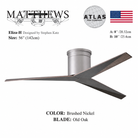 Mattews Eliza-H brushed nickel ceiling fan Old Oak blades — Stephen Katz designed, Sardar & Co Rawalpindi