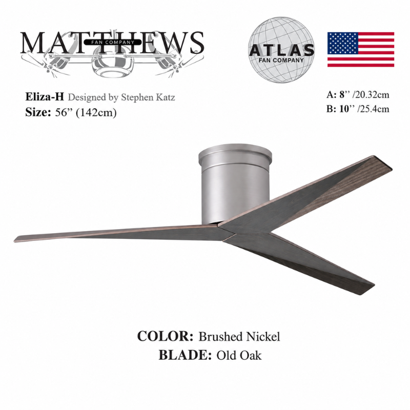 Mattews Eliza-H brushed nickel ceiling fan Old Oak blades — Stephen Katz designed, Sardar & Co Rawalpindi