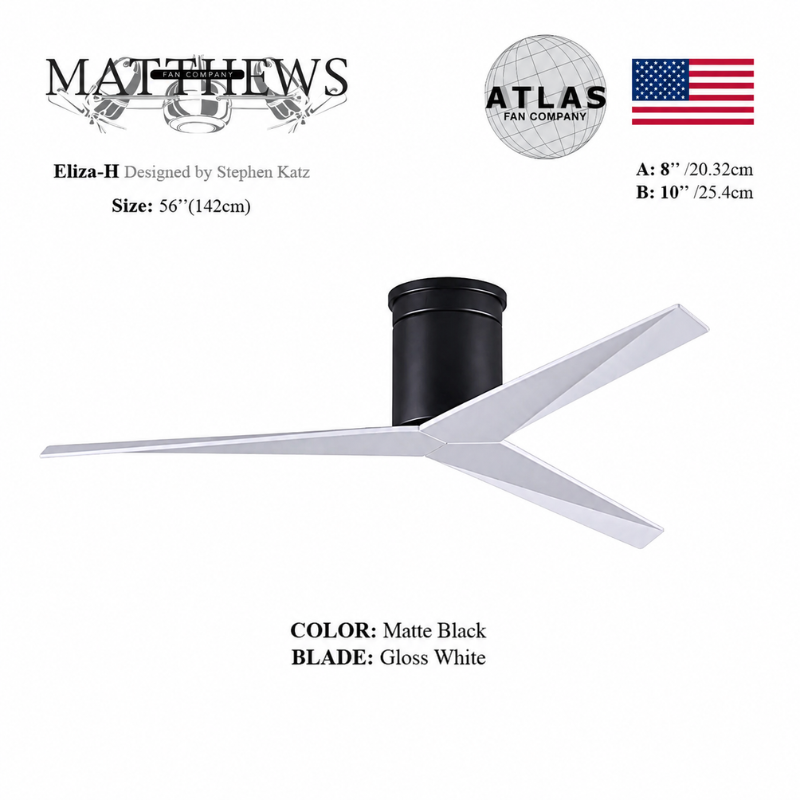 Mattews Eliza-H matte black ceiling fan with Matte White blades — exclusive high-contrast combination, Sardar & Co Pakistan