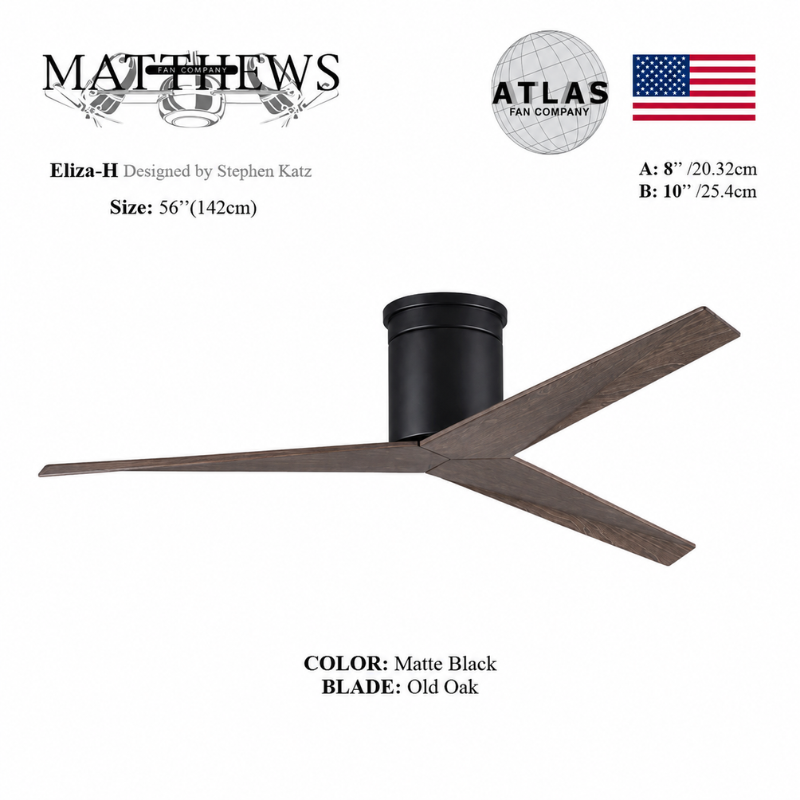 Mattews Eliza-H matte black ceiling fan Old Oak blades — Stephen Katz designed, Sardar & Co Rawalpindi