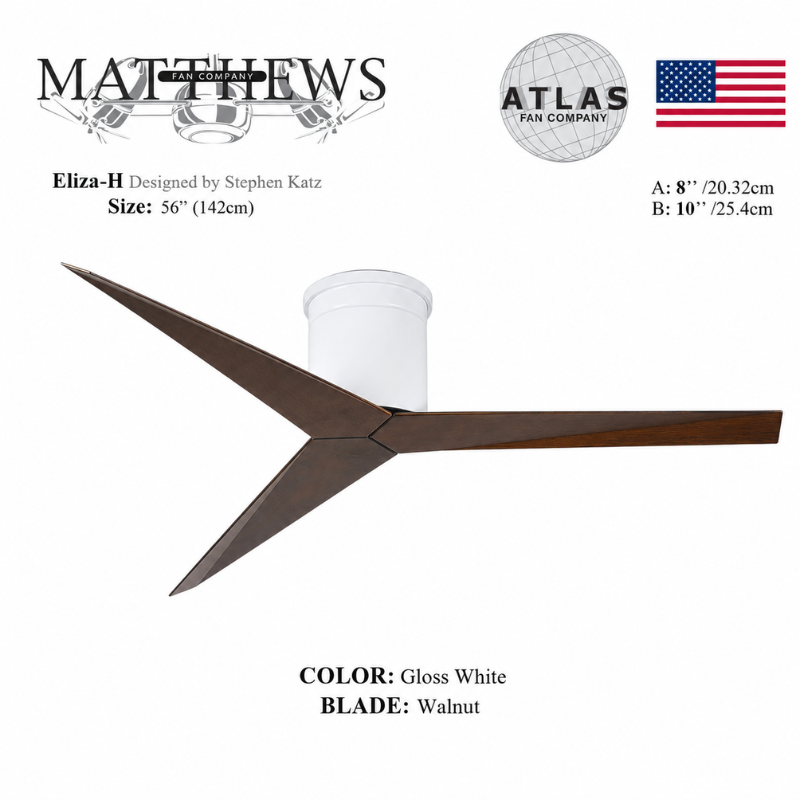 Mattews Eliza-H white ceiling fan Gloss White motor with Walnut blades — architect-designed DC ceiling fan Pakistan