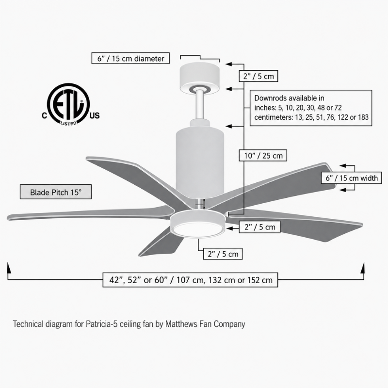 Mattews Patrícia-5 luxury ceiling fan technical dimensions — 42 52 60 inch sizes, Sardar & Co Pakistan