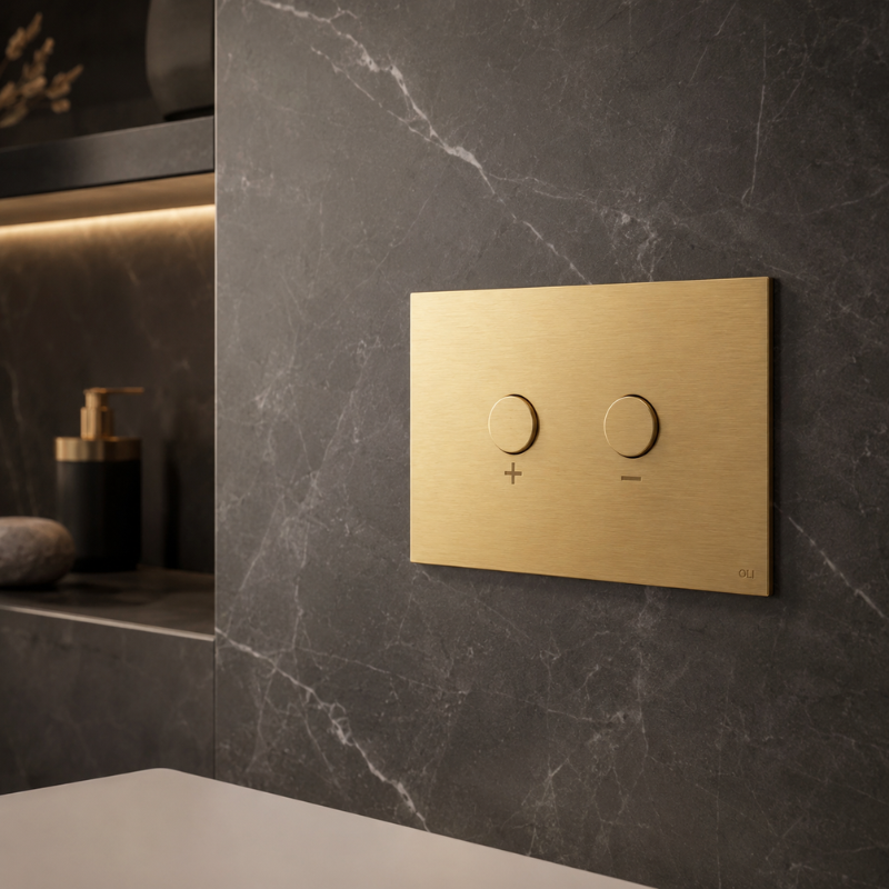OLI BLINK stainless flush plate installed on concealed toilet wall Pakistan — OLI exclusive Sardar & Co Rawalpindi