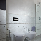 OLI Oceania glass steel flush plate installed on concealed toilet wall Pakistan — OLI exclusive Sardar & Co