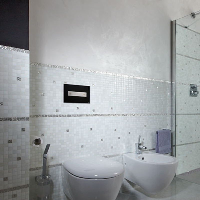 OLI Oceania glass steel flush plate installed on concealed toilet wall Pakistan — OLI exclusive Sardar & Co