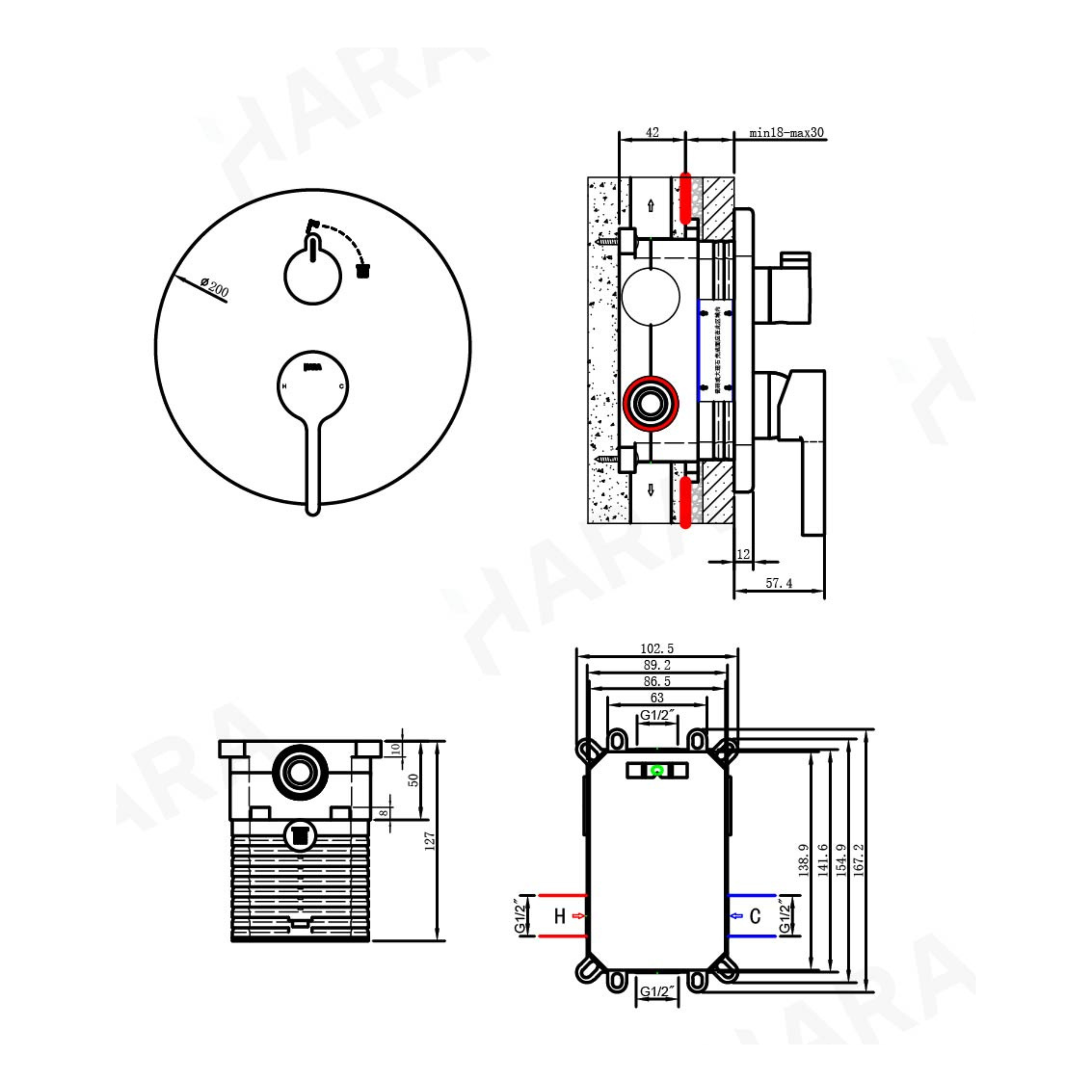 Technical installation dimensions for OMSA FB8256 concealed thermostatic shower mixer tap — rough-in depth, trim plate spec, Sardar & Co Pakistan