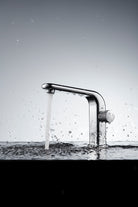 OMSA FL7640 deck mount faucet installed in luxury bathroom Pakistan — brushed PVD single-hole basin tap, Sardar & Co Rawalpindi