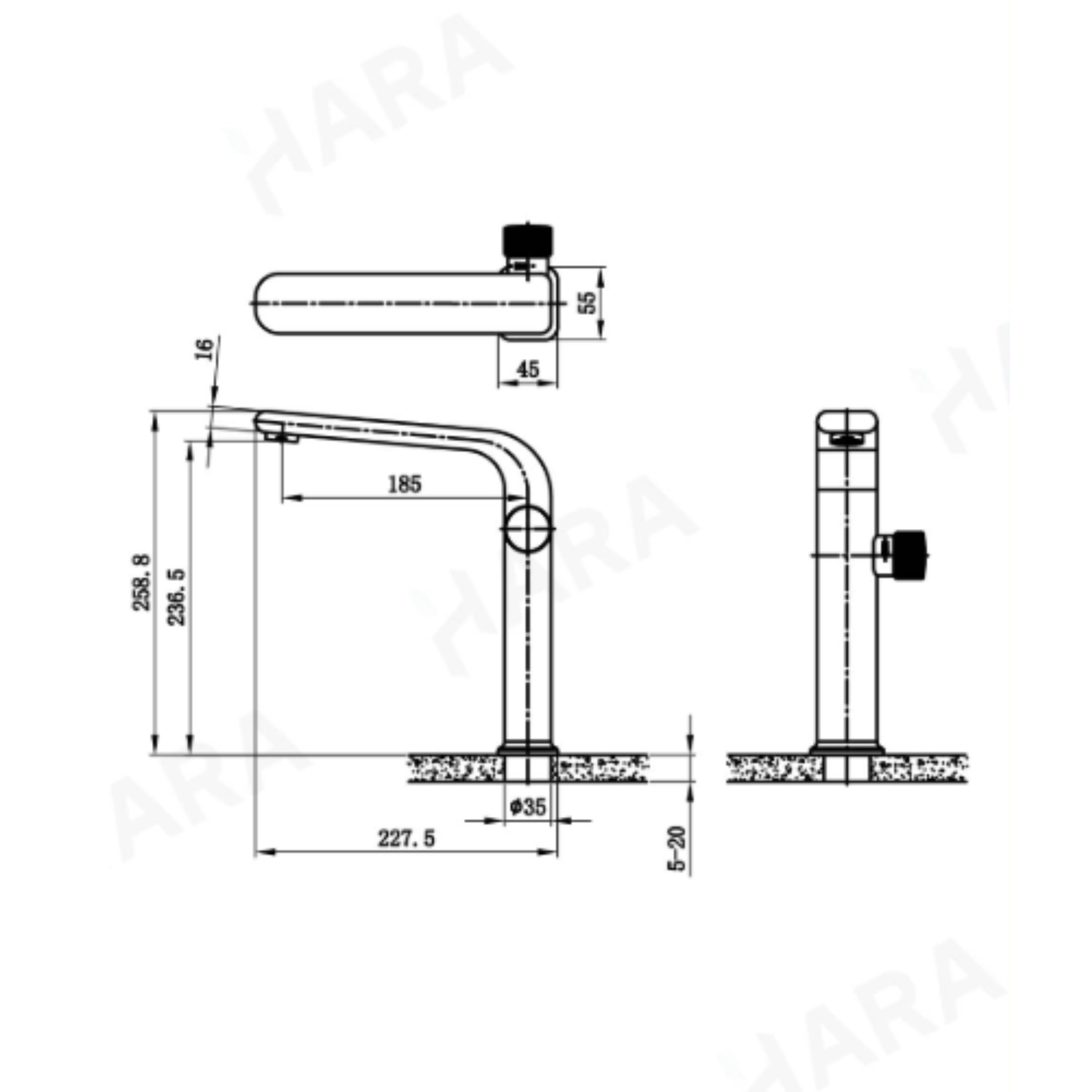 Technical installation dimensions for OMSA FL7640A mixer tap — spout height, deck clearance, connection specifications, Sardar & Co Pakistan