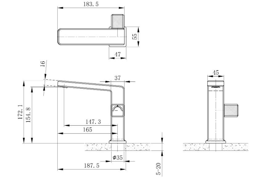 Technical installation dimensions for OMSA FL8170A basin tap — spout height, deck clearance, connection specifications, Sardar & Co Pakistan