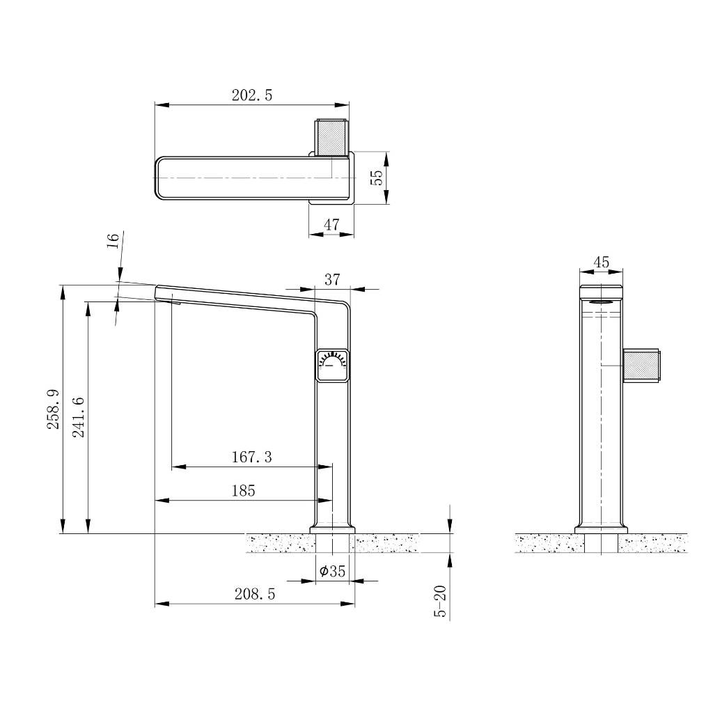 Technical installation dimensions for OMSA FL8170A luxury bathroom tap — spout height, deck clearance, connection spec, Sardar & Co Pakistan